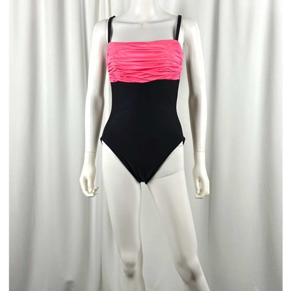 Vintage 1980’s ‘La Blanca’ Hot Pink + Black Rushed One Piece Bathing Suit • L/XL - Picture 2 of 10